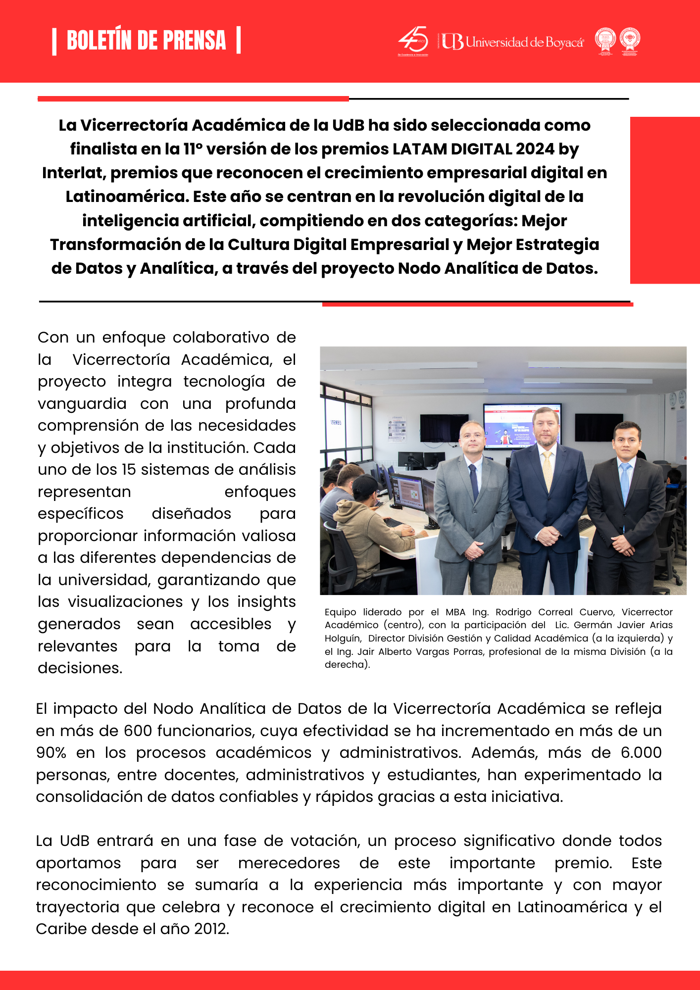 ¡La Universidad de Boyacá nominada como finalista en los premios latam digital por su innovador proyecto: ¡Nodo Analítica de Datos!