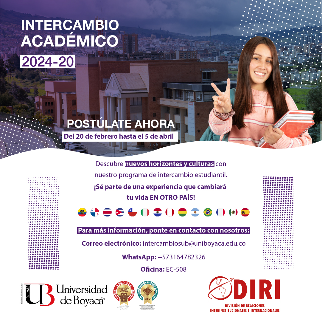 ¡Vive una experiencia que cambiará tu vida! Afianza tus conocimientos y habilidades. Participa en la Convocatoria de Intercambio Estudiantil Saliente 2024-20 en la que podrás fortalecer tus conocimientos, conocer nuevas culturas en alguna de nuestras Universidades aliadas y de gran prestigio a nivel nacional e internacional. ¡Anímate!, esta puede ser la oportunidad que estabas esperando.